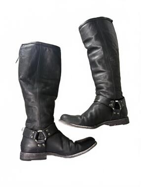 Frye Black Leather Knee-High Riding Boots with Harness Detail; size 9